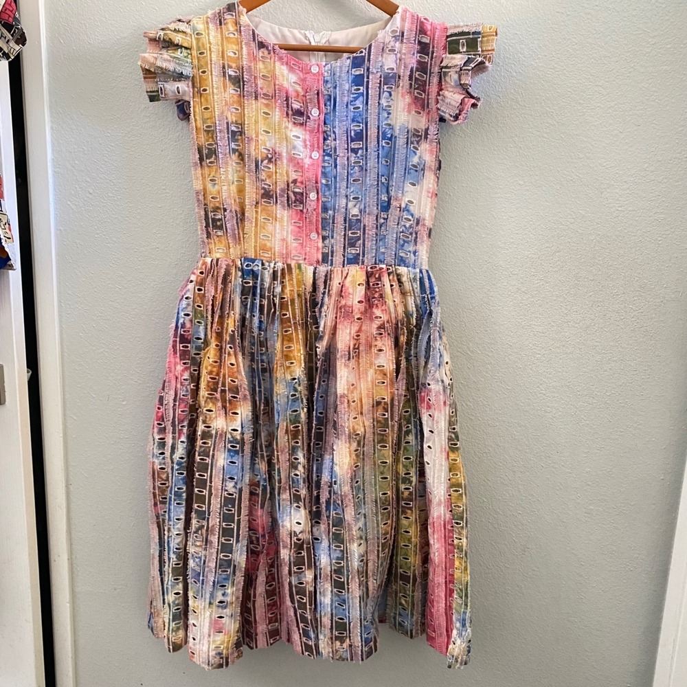 BUSAYO Hand Tie Dye Eyelet 100% Cotton Dress Ruffle Sleeve Fit & Flare Boho